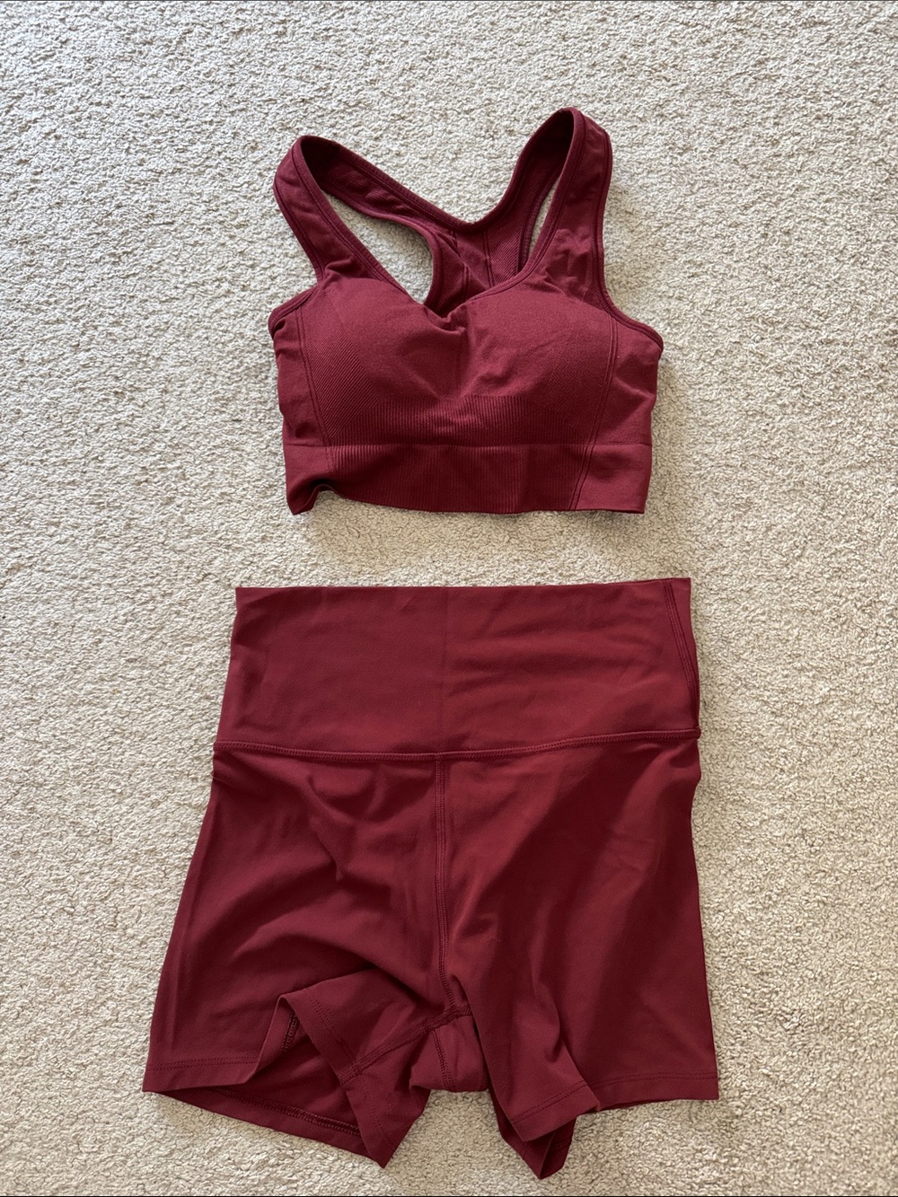 All in Motion Burgundy Athletic Sports Bra and High-Waist Shorts Set